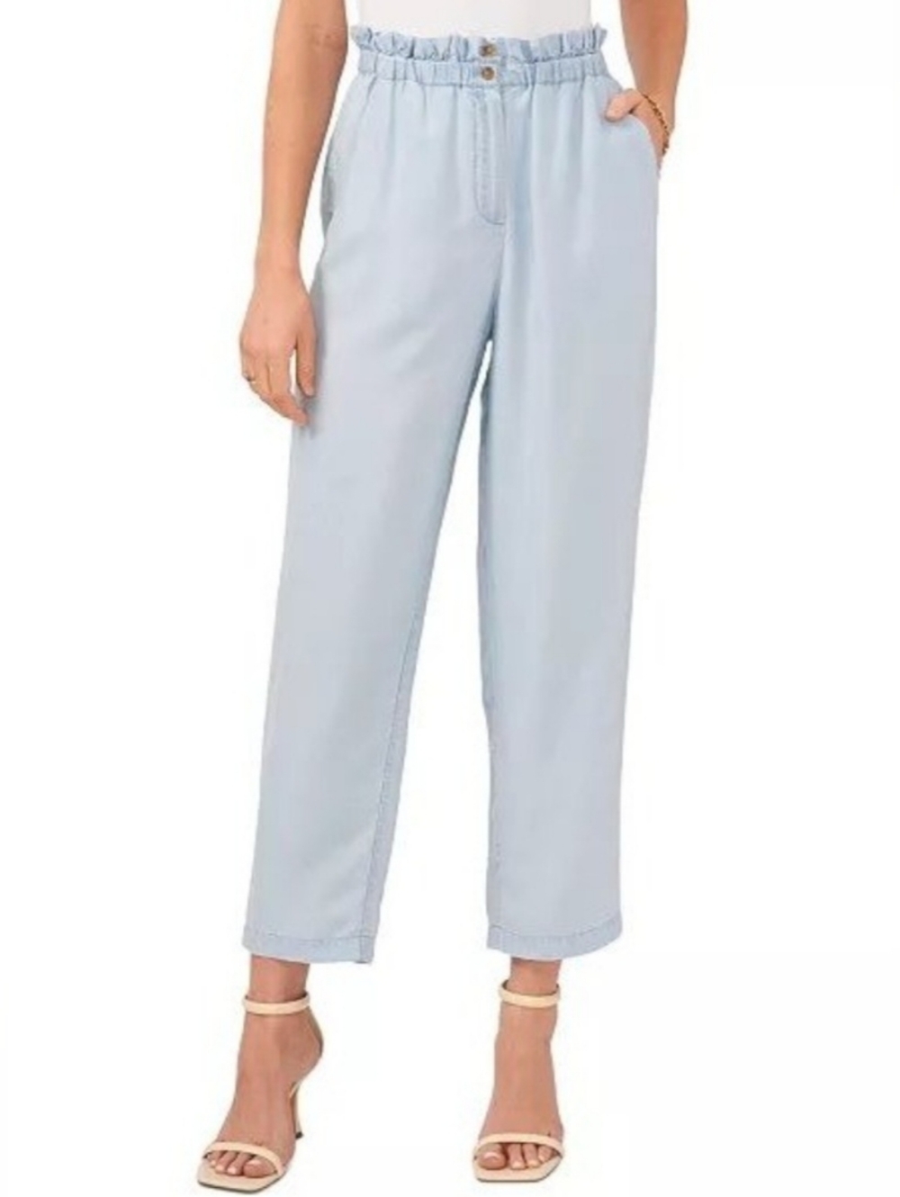 Vince Camuto Pants L Light Blue 100% Tencel Pull On Paperbag Waist Relaxed Comfy